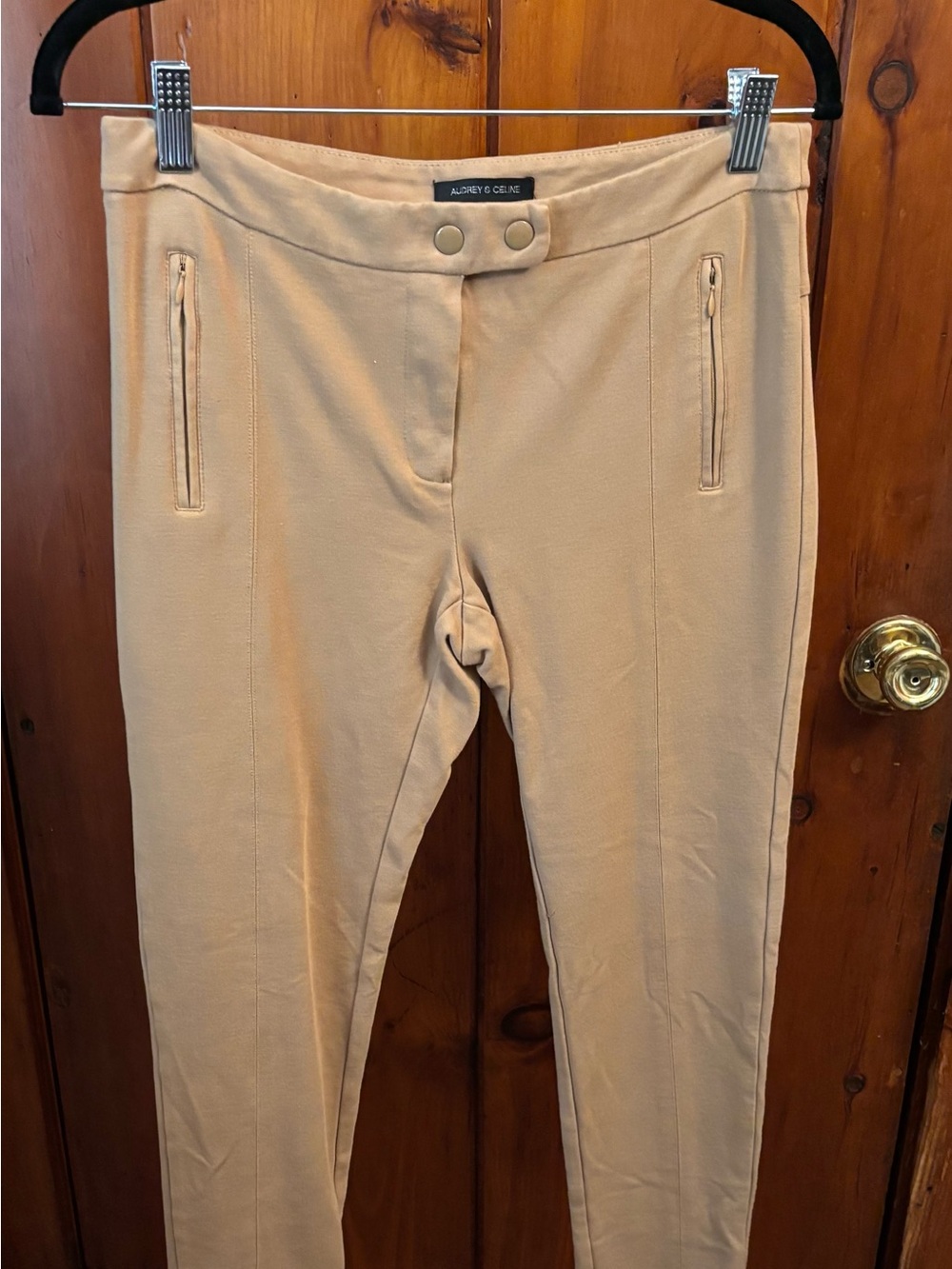 Audrey & Celine Slim Ponte Pull-On Pants in Tan